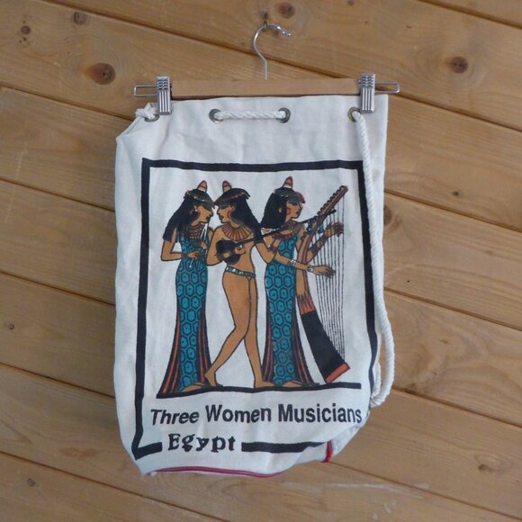 Egypt Three Women Musician Drawstring Shoulder Crossbody Canvas Bag - Picture 5 of 8